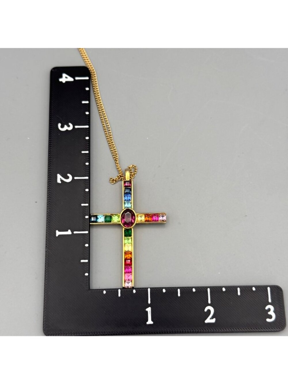 Vintage P S Co 1998 Gold Tone Multicolor Crystal Cross Pendant Necklace Rainbow - Picture 6 of 15